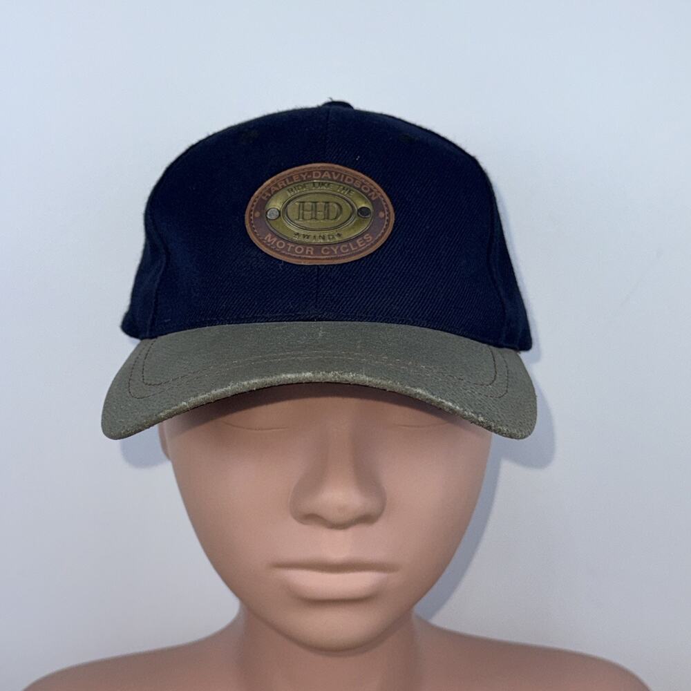 Vintage Harley Davidson Hat Cap Strap Back Black Ride Like The Wind Wool Leather